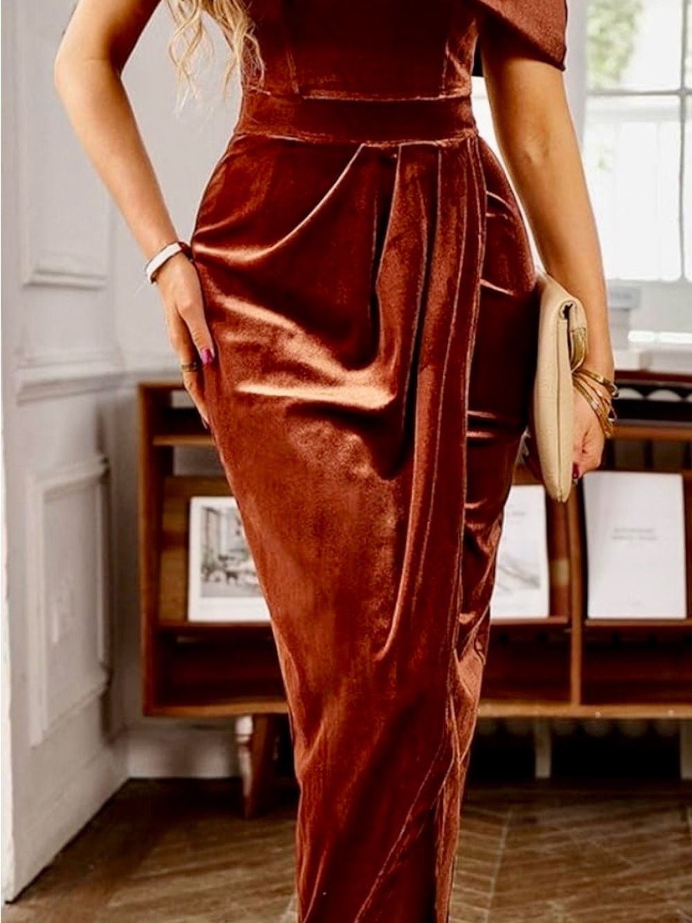 Off-Shoulder Velvet Midi Dress in Deep Brown NEW WITH TAGS - Picture 5 of 5